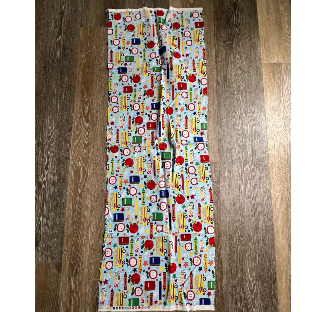 Unbranded School Fabric Remnant Unisex 15x44 Blue Bus Apple Pencil Cotton